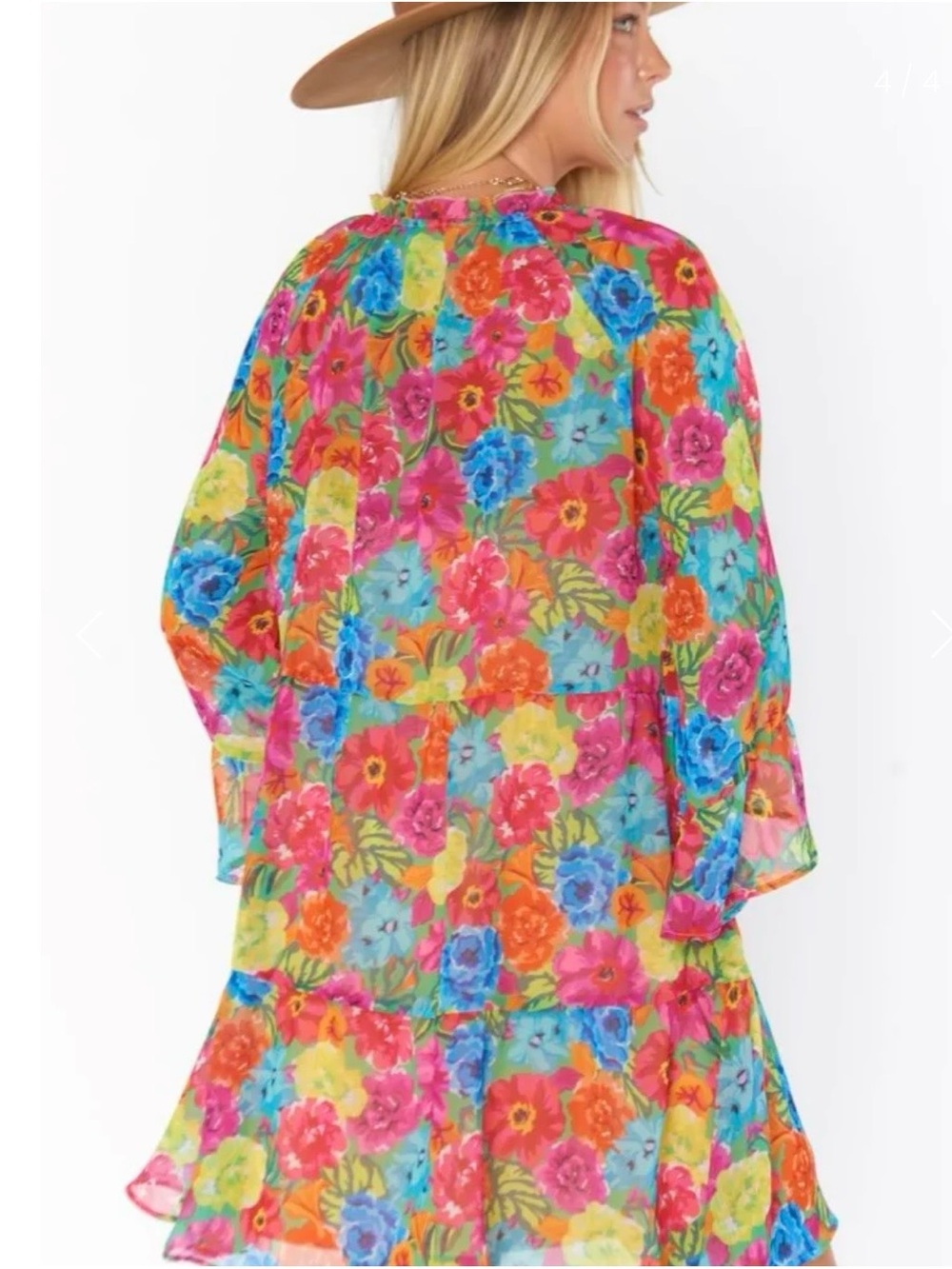Show Me Your MUMU Floral Mini Dress Size S Boho Bell Sleeve Ruffle Multicolor - Picture 3 of 6